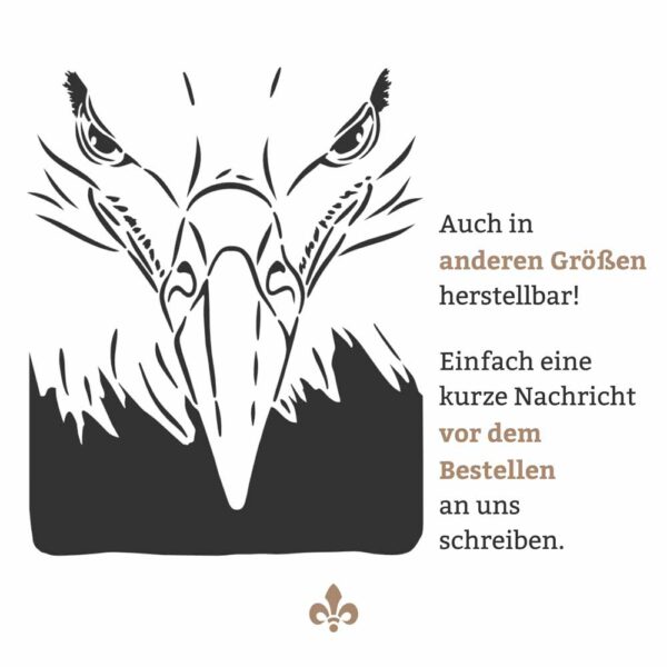 Hier ist eine Abbildung des Motivs der Schablone Weißkopfseeadler. Daneben steht ein Hinweis, dass das Motiv auch in anderen Größen herstellbar ist.