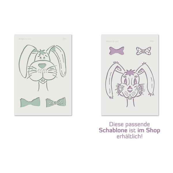 Schablone Hase ist in grün und die Hasen Schablone in rosa farbig hinterlegt. Bei der Hasen Schablone ist ein Hinweis, das diese ebenfalls im Shop erhältlich ist.