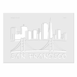 Schablone San Francisco vor weißem Hintergrund. Auf der Schablone ist die Skyline von San Francisco zu sehen.